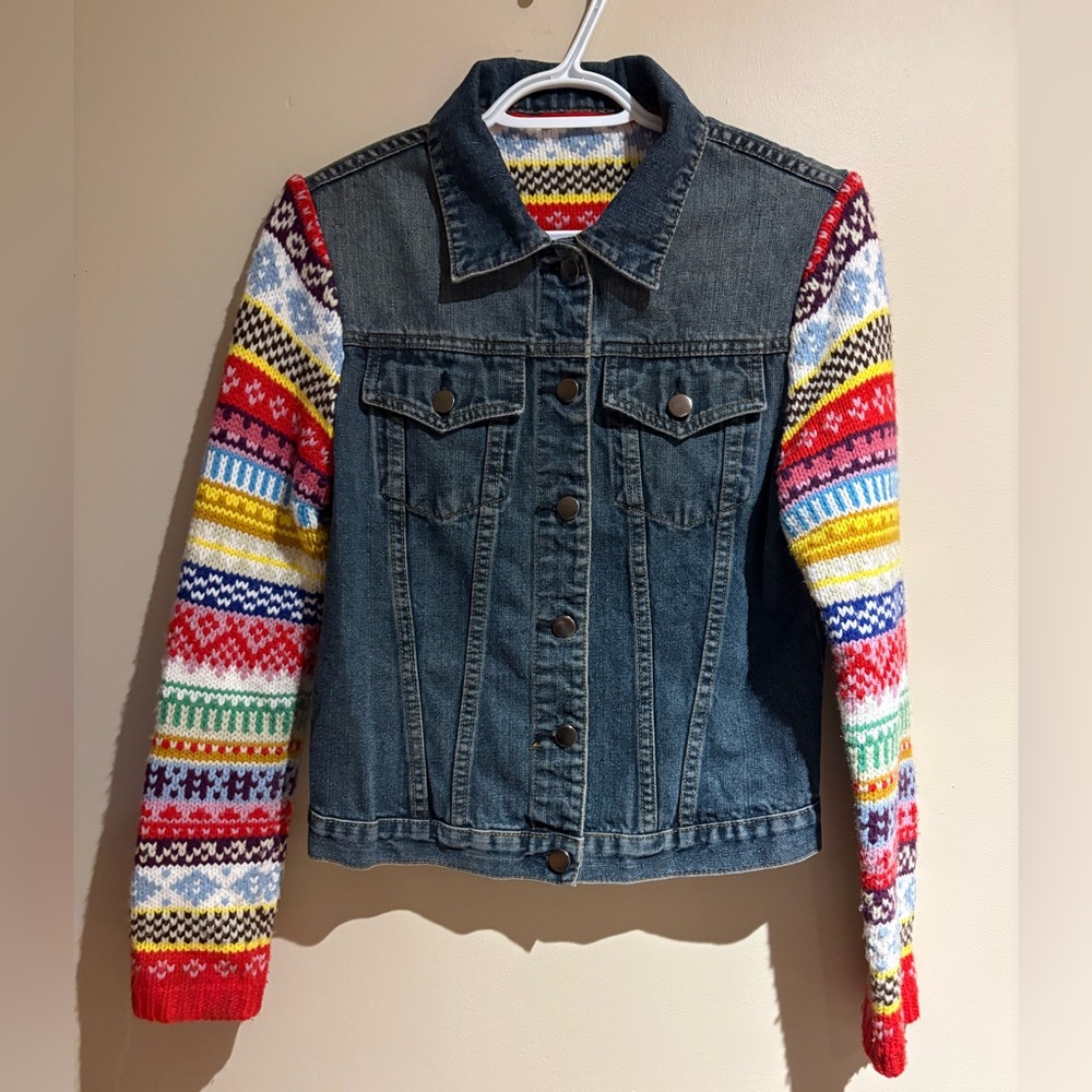 Rubber Doll Jean Jacket Crochet/Knit Rainbow Sleeves
